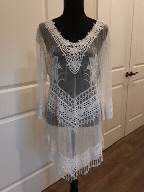 Ana & Kate White Lace Mesh Boho Beach Cover Up Tunic Size L
